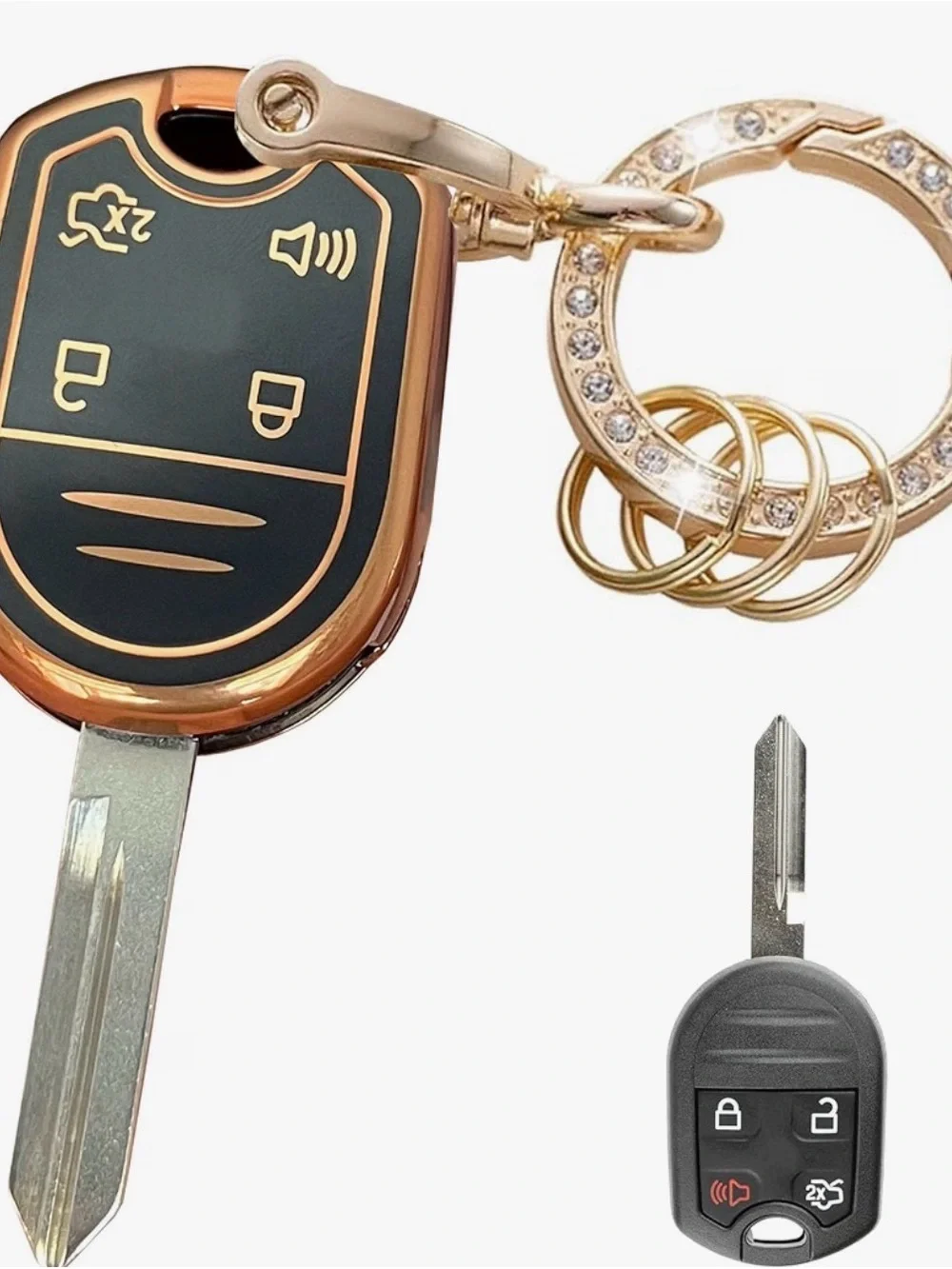2 Gold,Pink and Black, Key Fob Remote Keychain - Fashionable Car Key Accessory